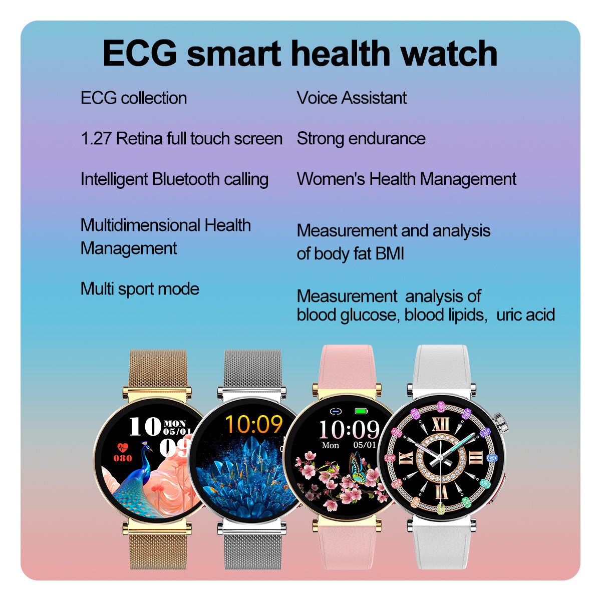 KH71 ECG Health Smart Call Watch Blood Oxygen Uric Acid Lipid Monitoring Voice Assistant Physiological Cycle Record